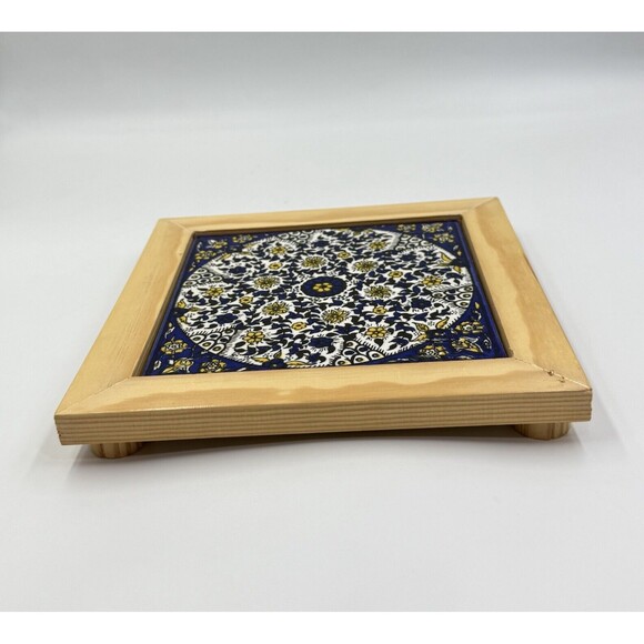Barbour Ceramics Tile 8x8 square Stand Wood Cobalt Blue and White Yellow Flowers - Picture 7 of 16